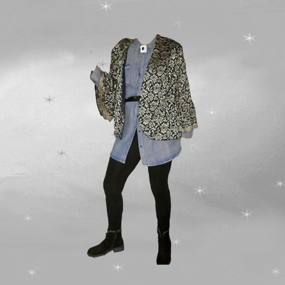 Black Lace Formal Jacket 80s Vintage Plus Size / Any Size FABULOUS SLEEVES! - Picture 7 of 10